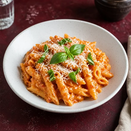 Penne pasta in a creamy tomato vodka sauce