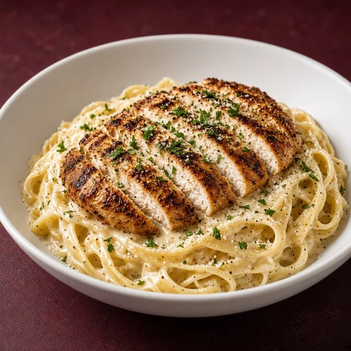 Grilled chicken over creamy Alfredo pasta