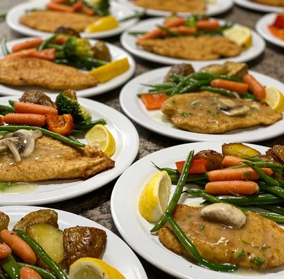 Rows of plated banquet entrées