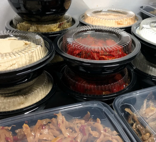Catering trays filled with pasta and sauces